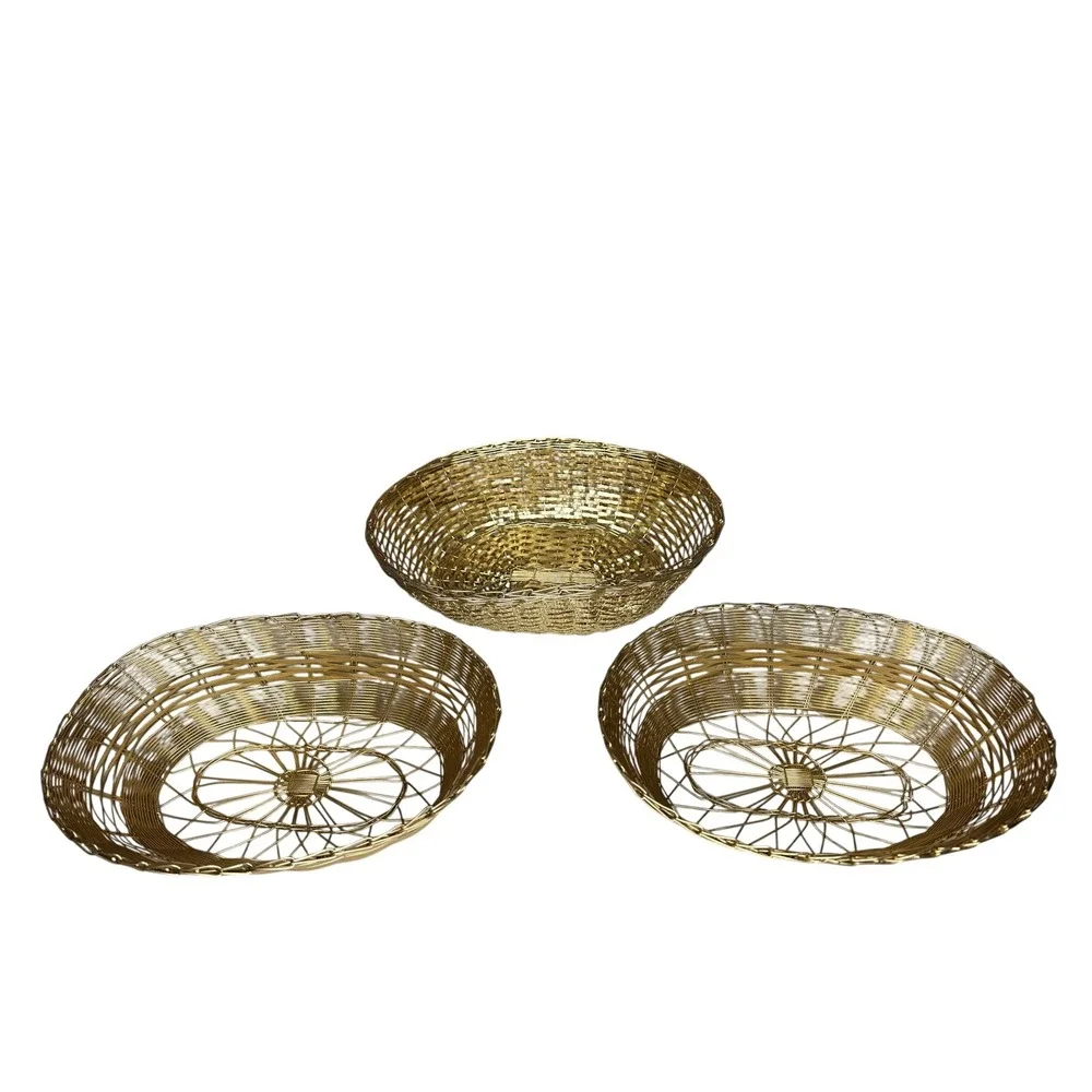 Vintage Gold Wire Basket Set‎ Korea Hong Kong Fruit Bread Bowl Mid Century